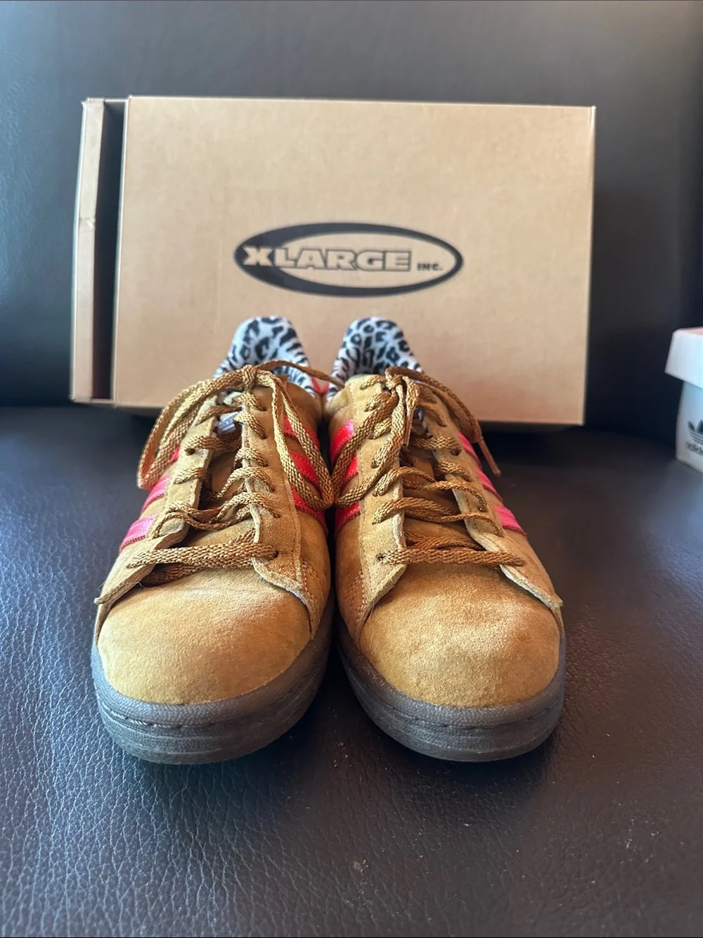 adidas Brown Suede Sneakers with Red Stripes and Leopard Lining